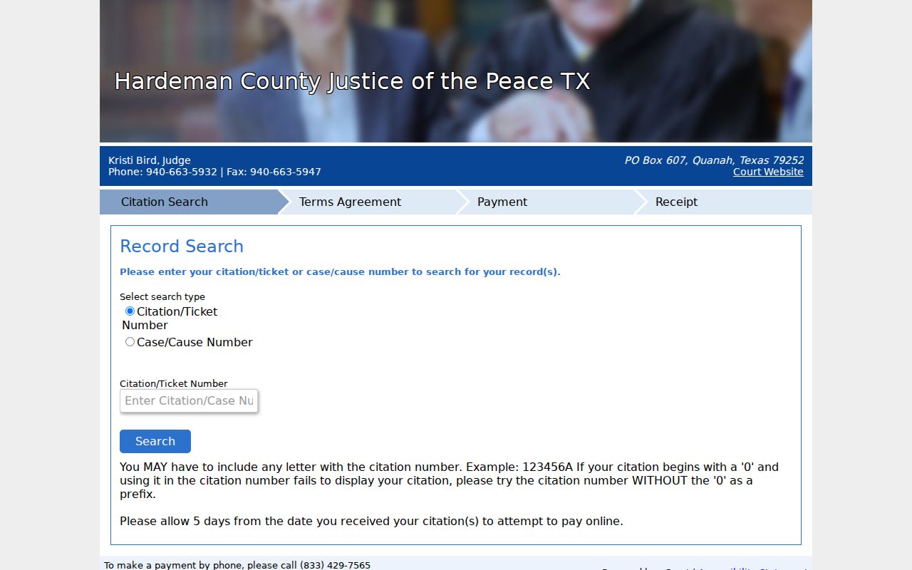 Hardeman County traffic warrant records: JP citation search and payment screen